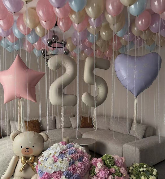 Helium Beige Number Balloon ‘25’ with Foil Pink Star and Purple Heart with Customize Sticker, Helium Double Layered Clear with Colors Blue, Purple, Beige and Pink, Self Standing Bear - Perfect for any celebrations!