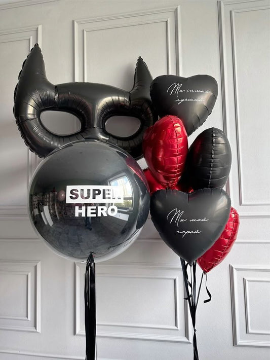 Personalised Clear with Black Latex and Customize Sticker, Batman Musk and Heart-Shaped Black and Red Helium Bunch with Customize Sticker - Superhero, Marvel-Themed, Batman-Themed Perfect for any Occasions