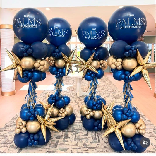 Personalised Blue and Gold with Customizable Stickers and Gold Star Accents with Tassels Pillar/Column/Tower – Perfect for Any Celebrations