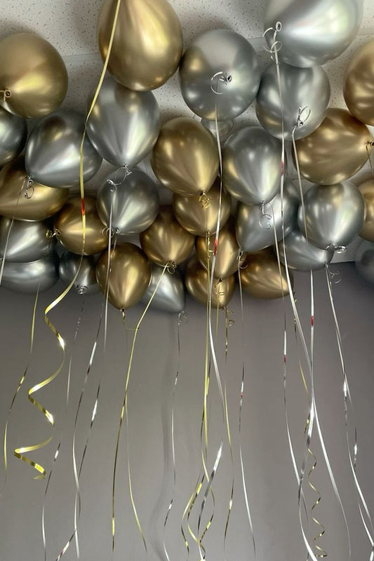 Latex Helium Ceiling Silver and Light Gold Balloons with Silver and Gold Strings - Perfect for Special Occasions!