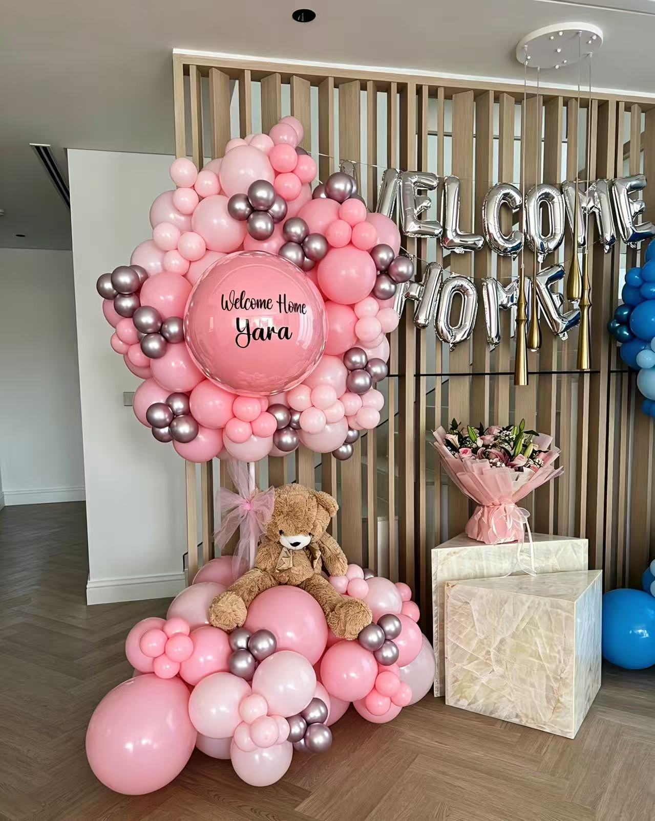 Hospital or Home Welcoming Baby Balloon Teddy Bear with Customize Sticker Balloons Dusty Blue Light Gold Beige - Perfect for special occasions Baby Shower Welcome Baby Newborn