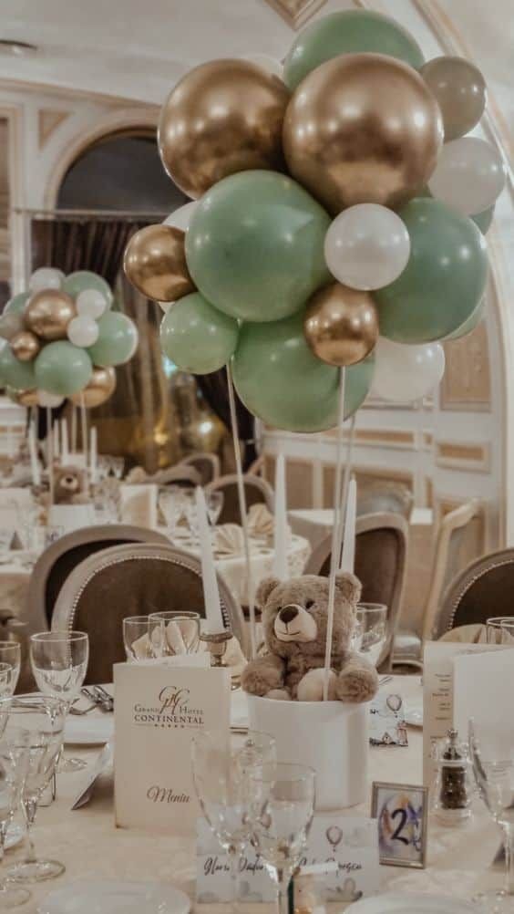 Customizable Balloon Light Gold, Green and White Centerpiece with Teddy Bear - Perfect for any Occasions