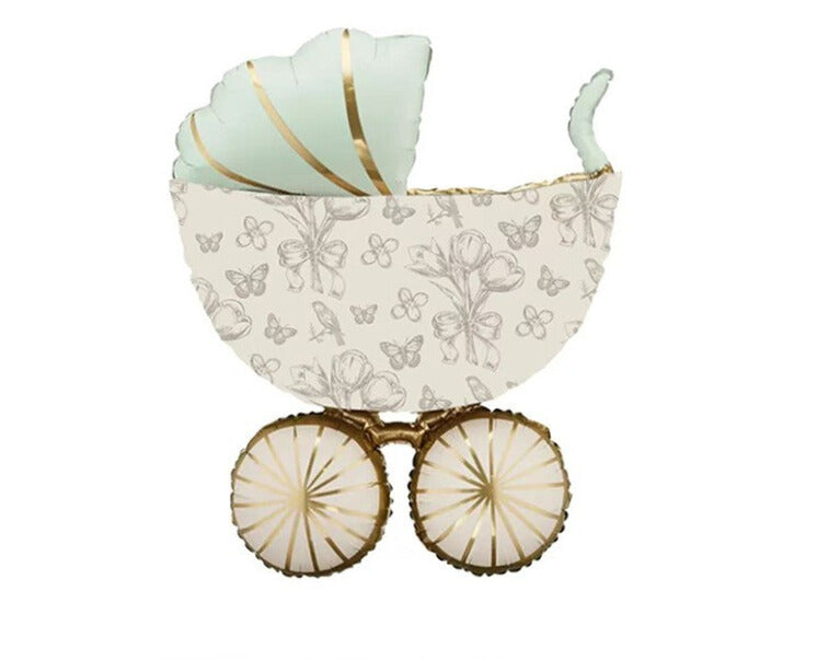 Baby Shower Stroller Green and Gold with Printed Bow Flower Butterfly Helium Foil Balloon - Perfect for any celebrations!