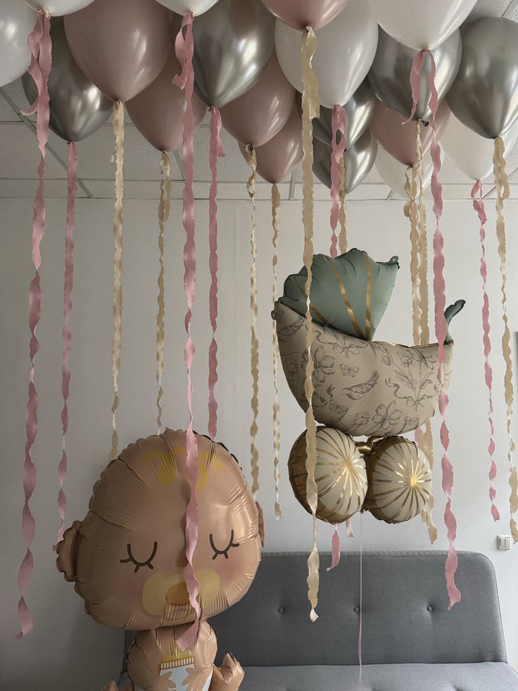 Baby Shower Stroller Green Pink and Gold Big Ribbon Bear Helium Foil Balloon Personalised Baby Pink Hospital Welcome Home