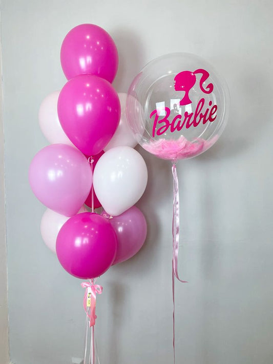 Personalised Helium Balloons Clear with Pink Feather, Ribbons and Customize Sticker and Latex Bunch White and Different Shades of Pink - Perfect for any Occasions