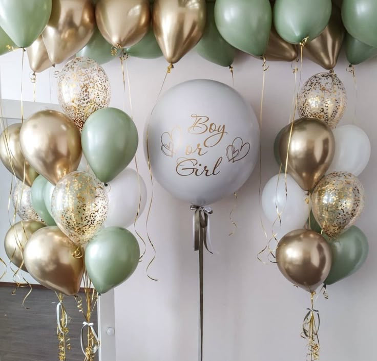 Personalised Helium Clear with Customizable Stickers with Gold, Green, White and Clear with Confetti Latex Bunch, Ceiling Balloons and Ribbons - Gender Reveal-Themed Perfect for any Occasions