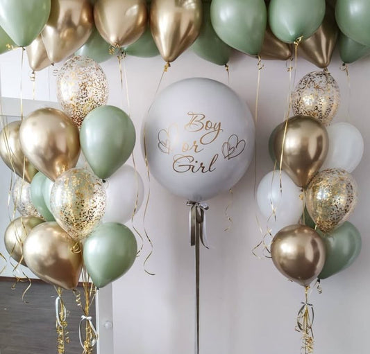 Personalised Helium Clear with Customizable Stickers with Gold, Green, White and Clear with Confetti Latex Bunch, Ceiling Balloons and Ribbons - Gender Reveal-Themed Perfect for any Occasions