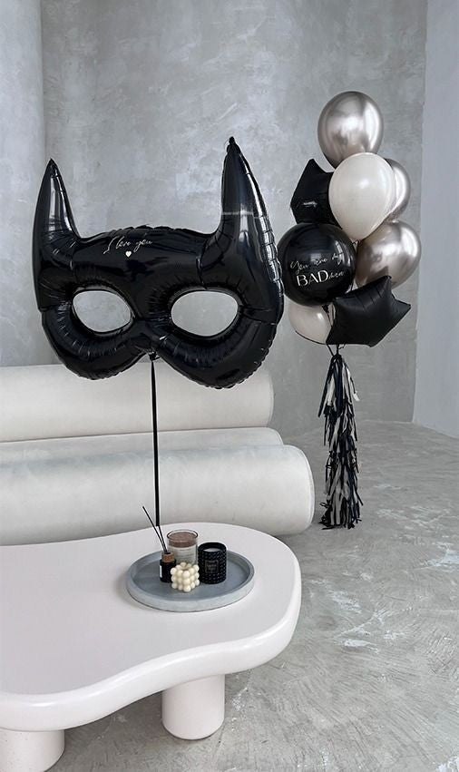 Personalised Black 18-inches Latex and Customize Sticker, Batman Musk, Black Star and Latex Helium Bunch White and Silver with Tassels - Superhero, Marvel-Themed, Batman-Themed Perfect for any Occasions