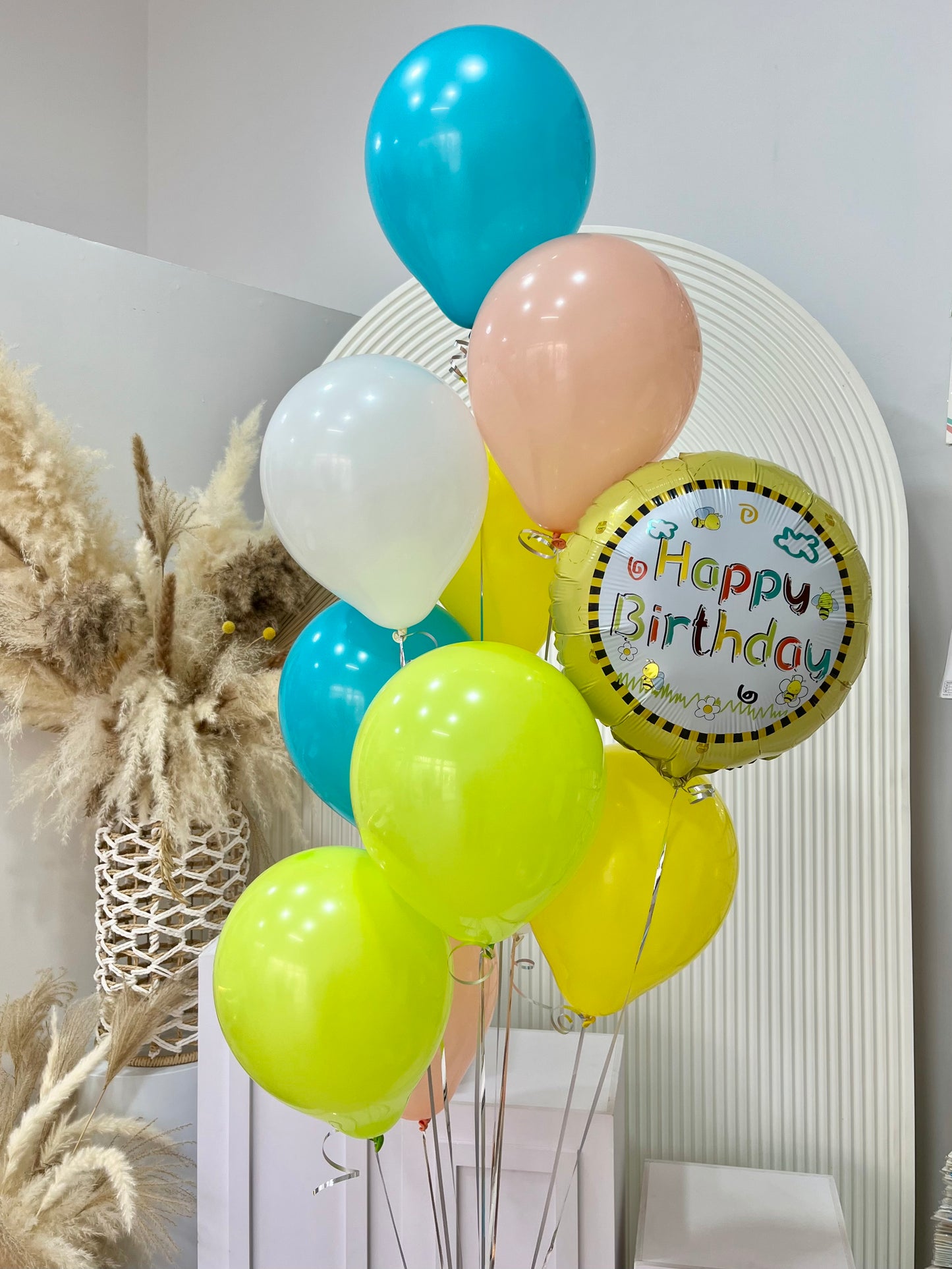 Latex Helium Balloon Turquoise, Yellow, Green, Peach and White with ‘Happy Birthday’ Foil Bunch - Perfect for any special occasions!