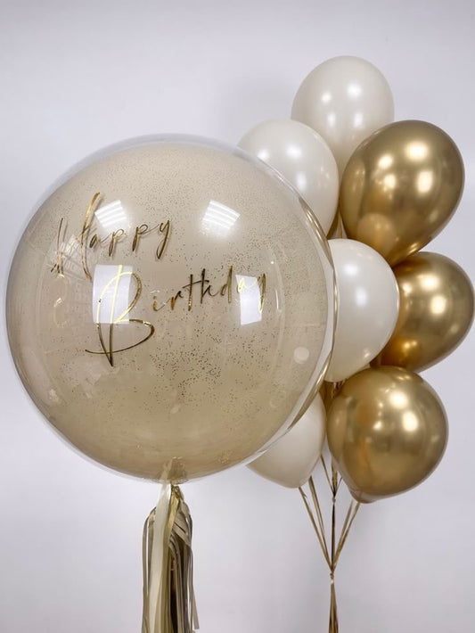 Personalised Helium Balloon Clear with Customizable Stickers and Light Gold and Beige Latex Bunch with Ribbons - Perfect for any Occasions