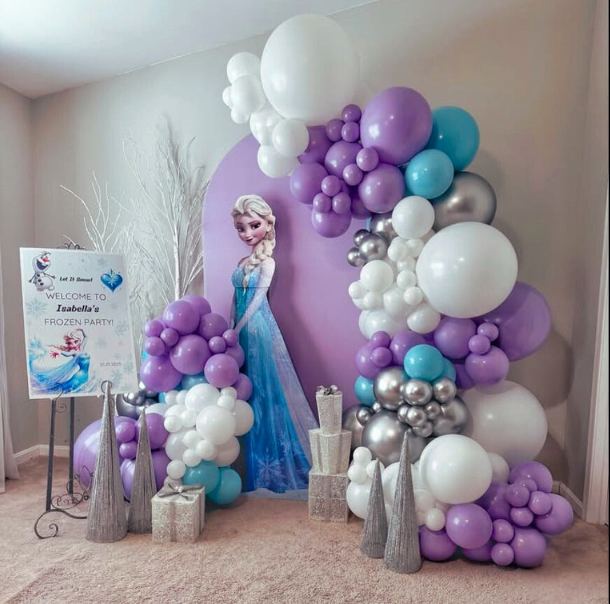 Customizable KT Board Backdrop and KT Board with Stand with Frozen-Themed Balloon Purple, Blue, White and Silver Decor Setup - Perfect for Birthday Celebrations