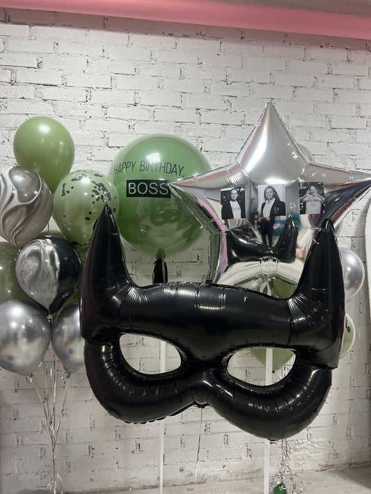 Personalised Clear with Green Latex and Customize Sticker, Silver Star, Batman Musk and Latex Helium Bunch Silver and Green - Superhero, Marvel-Themed, Batman-Themed Perfect for any Occasions