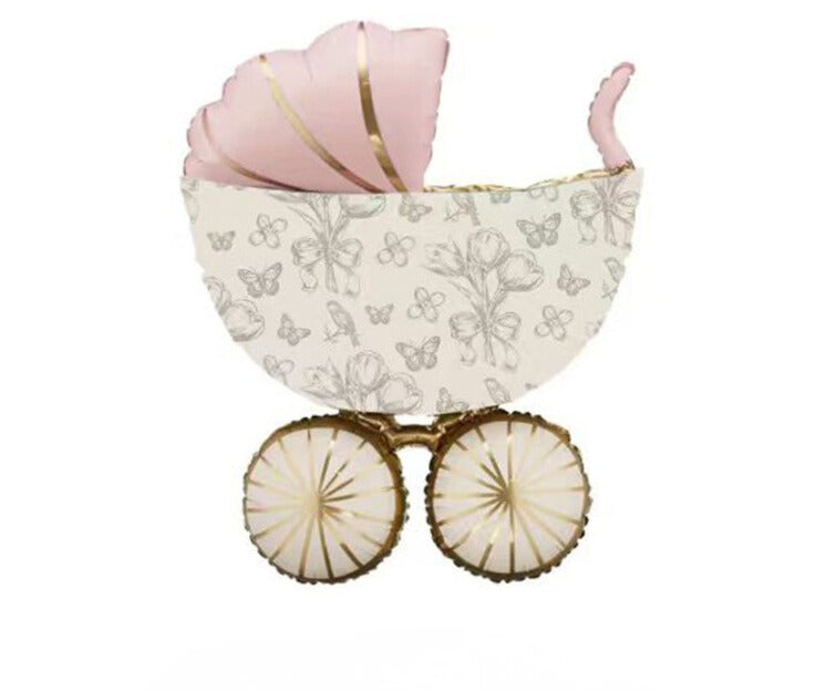 Baby Shower Stroller Pink and Gold with Printed Bow Flower Butterfly Helium Foil Balloon - Perfect for any celebrations!