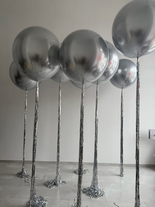 Orbs Helium Balloons Silver 32-inches with Silver Tassels - Perfect for Special Occasions!