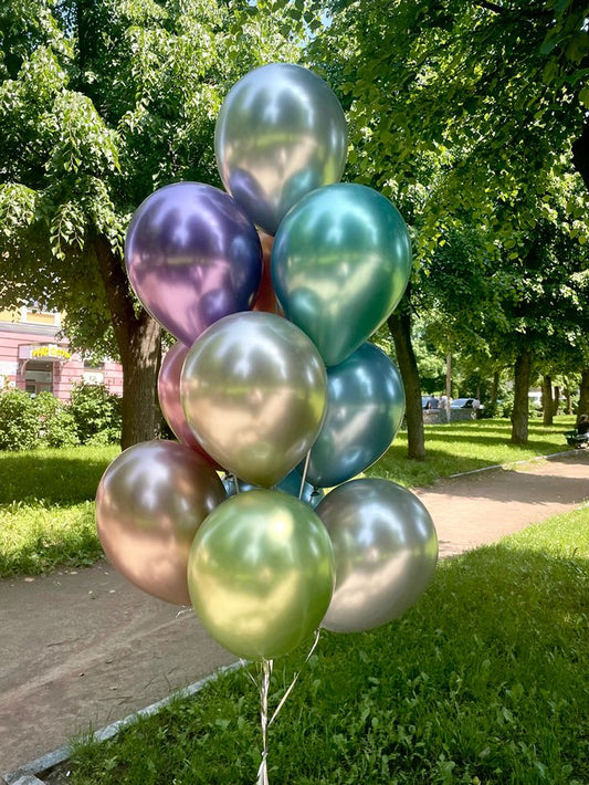 Latex Helium Bunch Chrome Green, Silver, Pink, Teal and Purple Balloons with Silver Strings - Perfect for Special Occasions!