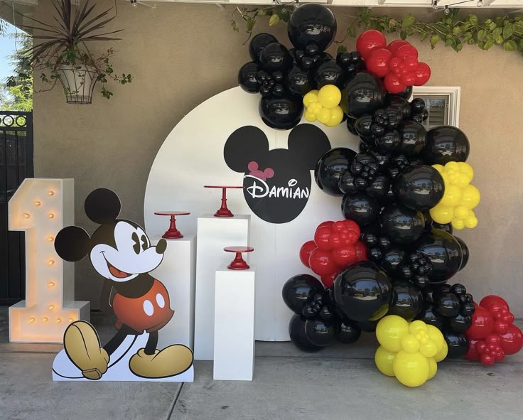 Customizable Backdrop, Cake Stand and Mickey Mouse Standee with Balloons Black, Read and Yellow Decor Setup - Perfect for special occasions