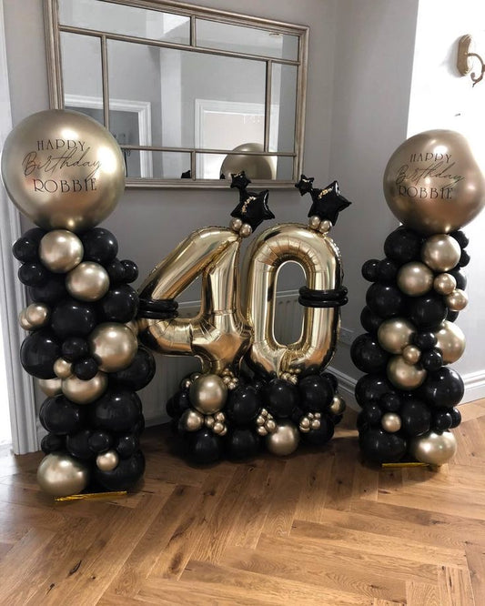 Personalised Gold and Black Pillar/Column/Tower with Customizable Stickers and ‘40’ Number Balloon On Stand – Perfect for Any Celebrations