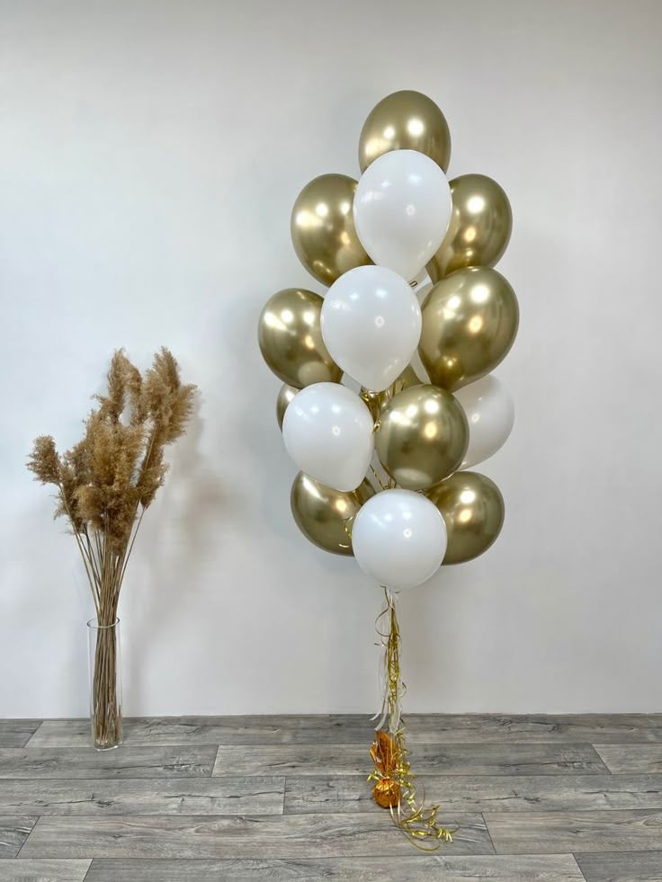 Latex Helium Balloon White and Light Gold Bunch with Ribbons - Perfect for any special occasions!