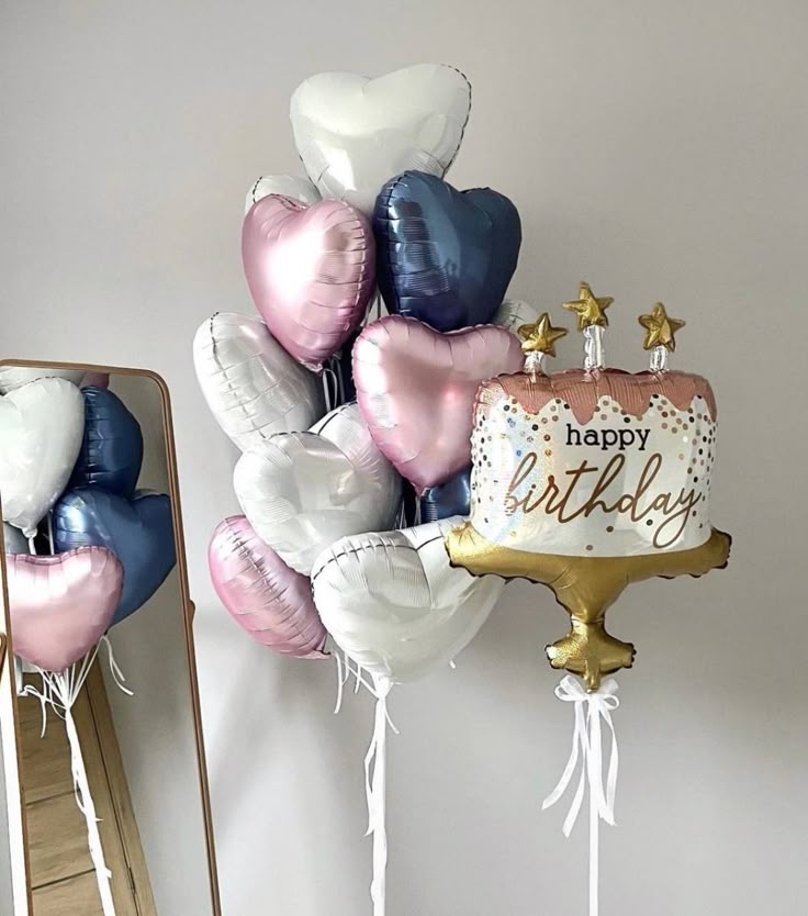 12pcs White, Purple and Blue Heart-Shaped Helium Foil Balloons Bunch with "Happy Birthday" Cake Foil Balloon with Bow Tie -Valentine's, Anniversary Perfect for special occasions!