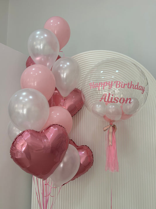 Personalised Helium Balloon Clear with Customizable Pink Stickers and Pearl White and Pink Latex Bunch, Pink Heart-Shaped Foil and Ribbons - Perfect for any Occasions