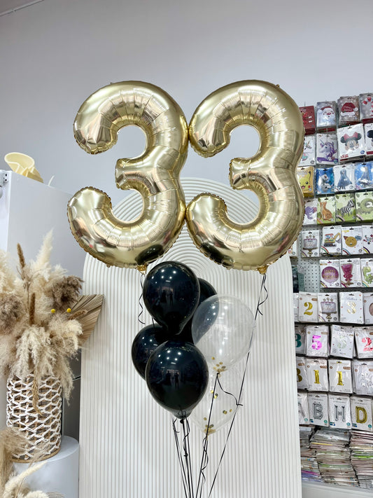 Helium Light Gold Number Balloon ‘33’ with Latex Black and Clear with Confetti - Perfect for any celebrations!