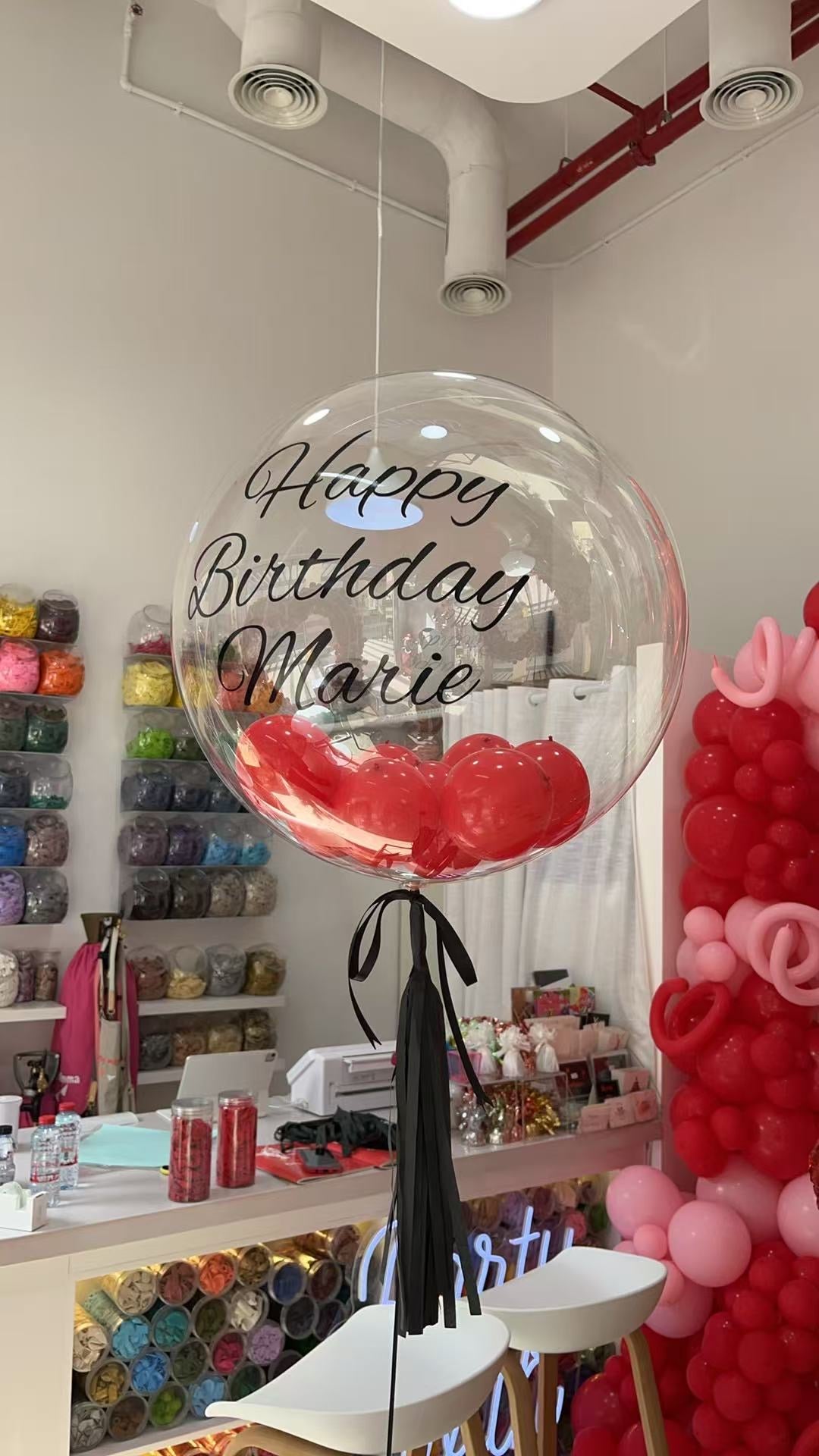 Personalised Helium Balloon with Red Mini and Bobo Balloon with Black Ribbons - Elevate Your Celebration with Our Stunning Helium Bubble Balloon