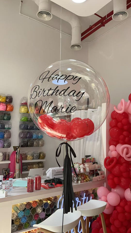 Personalised Helium Balloon with Red Mini and Bobo Balloon with Black Ribbons - Elevate Your Celebration with Our Stunning Helium Bubble Balloon