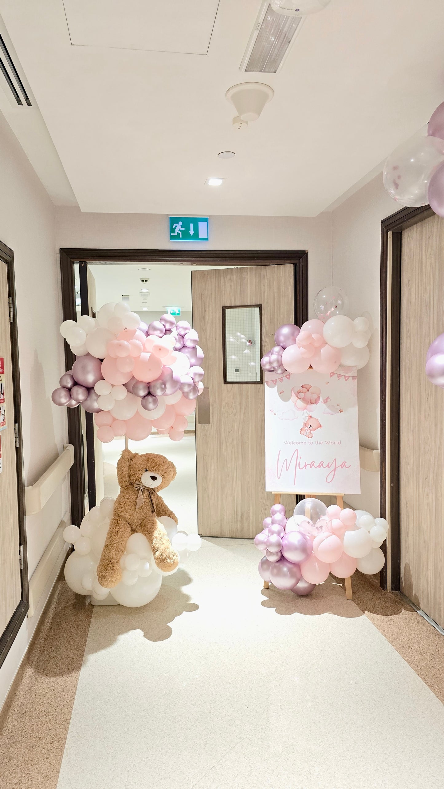 Hospital Welcoming Baby Balloon Pink, White and Shinny Light Pink with Teddy Bear and Customize Welcome Board with Organic Balloon Chain - Perfect for special occasions