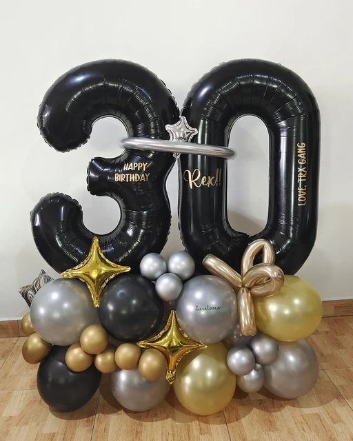 Platform Black Numbers '30' with Latex Black, Silver, Gold, Mini Star accents and Customize Sticker – Customizable Design