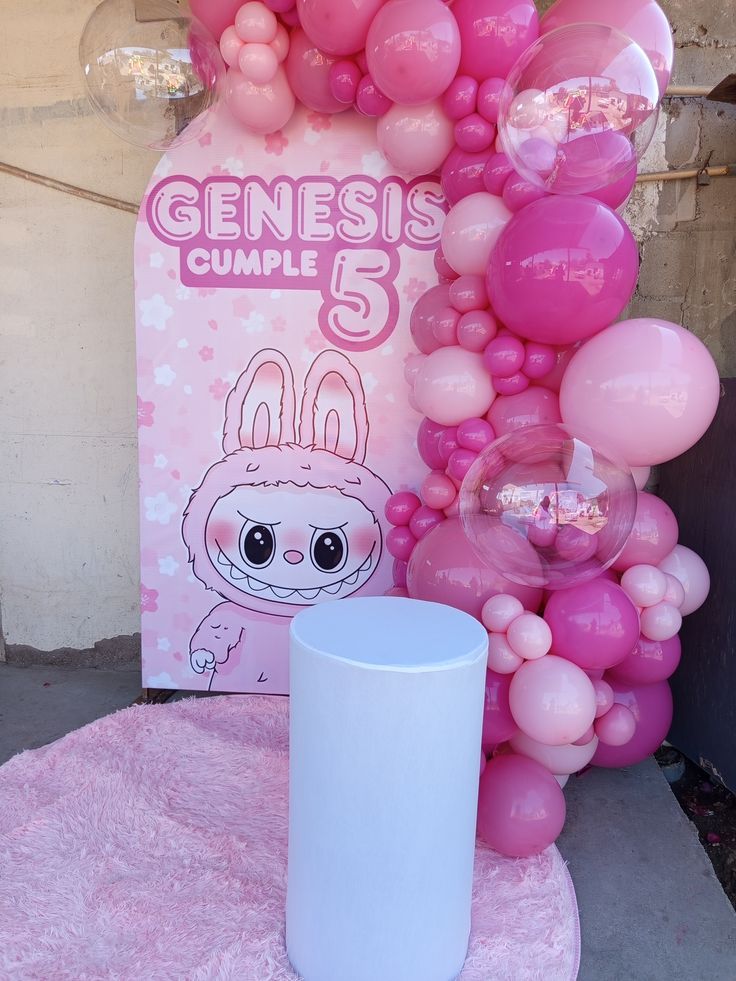 Customizable Board Labubu Backdrop with Balloon Different Shade of Pink with Clear Balloons with White Cake Stand - Labubu-Themed Perfect for special occasion