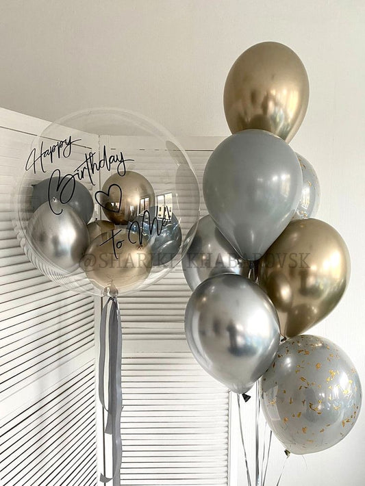 Personalised Helium Balloon Clear with Customizable Stickers and Double Layered Gray, Silver and Light Gold Latex Bunch with Ribbons - Perfect for any Occasions