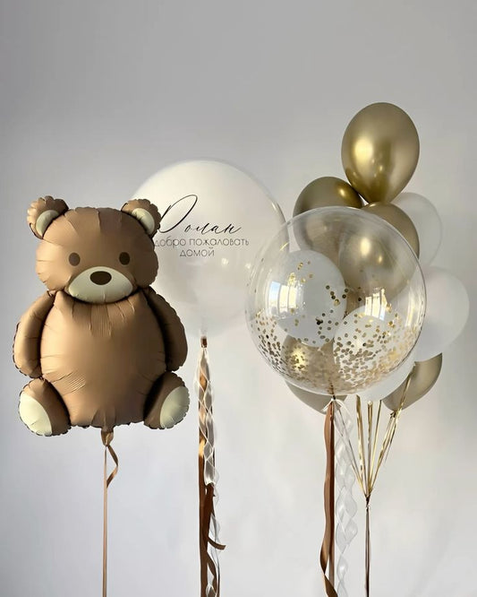 Personalised Clear with White Latex and Customize Sticker, Brown Bear, Clear with Confetti with Latex Helium Bunch Green, Light Gold, Dust White and Beige - Baby Shower, Bear-Themed Perfect for any Occasions