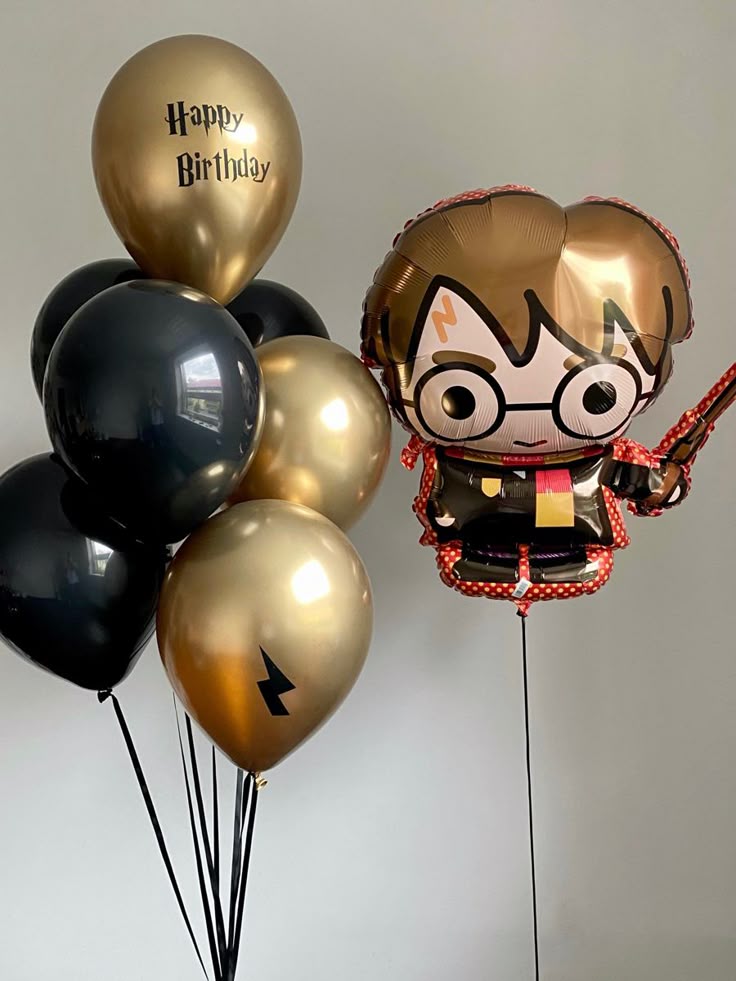 Helium Balloon Harry Potter Character with Latex Helium Bunch Black and Light Gold with Customize Sticker - Perfect for any Occasions