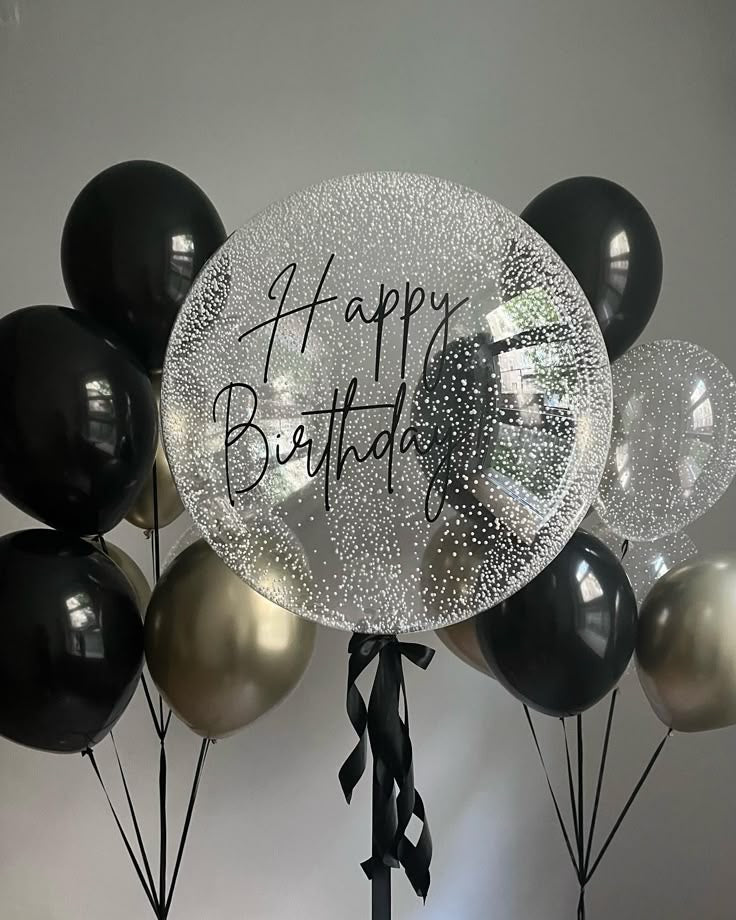 Personalised Helium Balloon Clear with White Foam and Customizable Stickers and Black, Light Gold and Clear Latex Bunch with Ribbons - Perfect for any Occasions