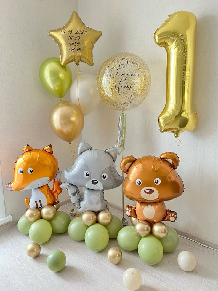 Personalised Helium Balloon Clear with Customizable Stickers and Green, Gold and White Latex with Gold Star in Bunch, Gold ‘1’ Number Balloon with Fox, Bear Animal Balloons on Stand and Ribbons - Perfect for any Occasions