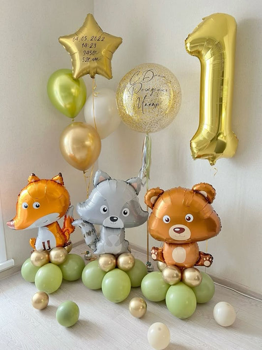 Personalised Helium Balloon Clear with Customizable Stickers and Green, Gold and White Latex with Gold Star in Bunch, Gold ‘1’ Number Balloon with Fox, Bear Animal Balloons on Stand and Ribbons - Perfect for any Occasions