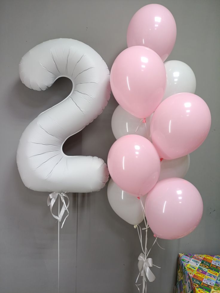 Helium Balloons Single Number Set White '2' and Latex Bunch Pink and White with Ribbons - Perfect for any Occasions!