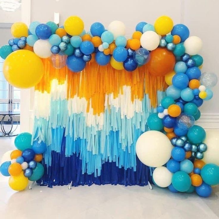 Orange, White and Different Shade of Blue Streamer Backdrop with Balloon Decor - Perfect for any celebration