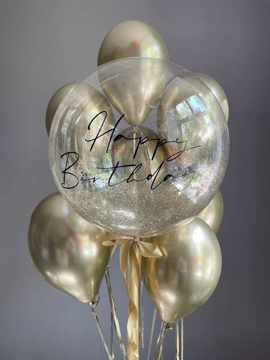 Personalised Helium Balloon Clear with Customizable Stickers and Light Gold Latex Bunch with Ribbons - Perfect for any Occasions