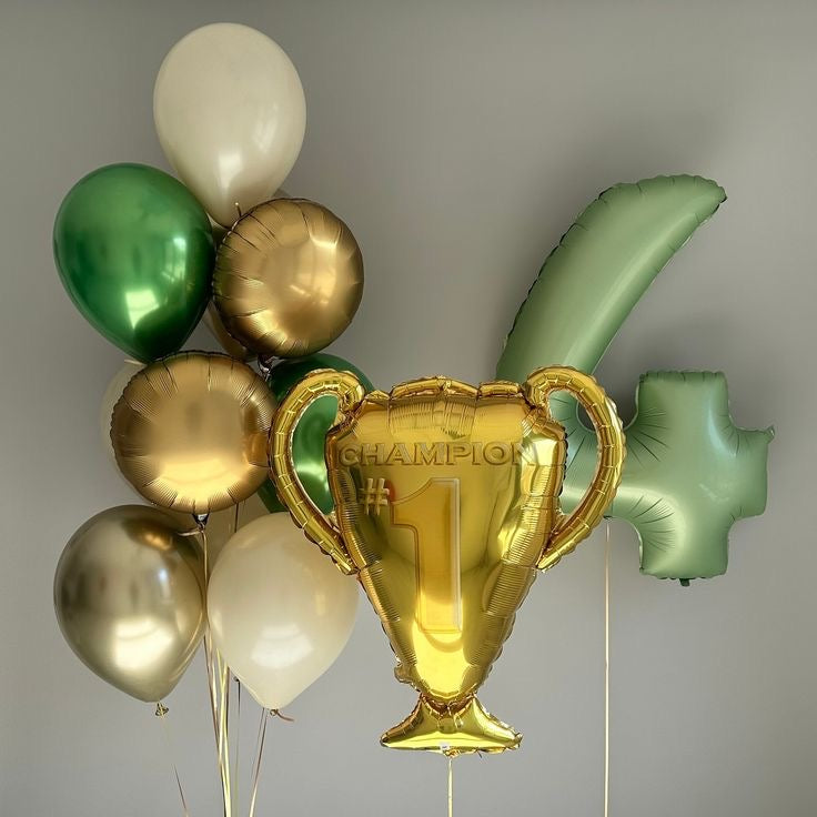 Helium Balloon Set of Green and White Latex and Gold Circle Foil Bunch with Number ‘4’ Balloon and Trophy ‘Champion’ Foil and Gold Strings - Perfect for any Occasions
