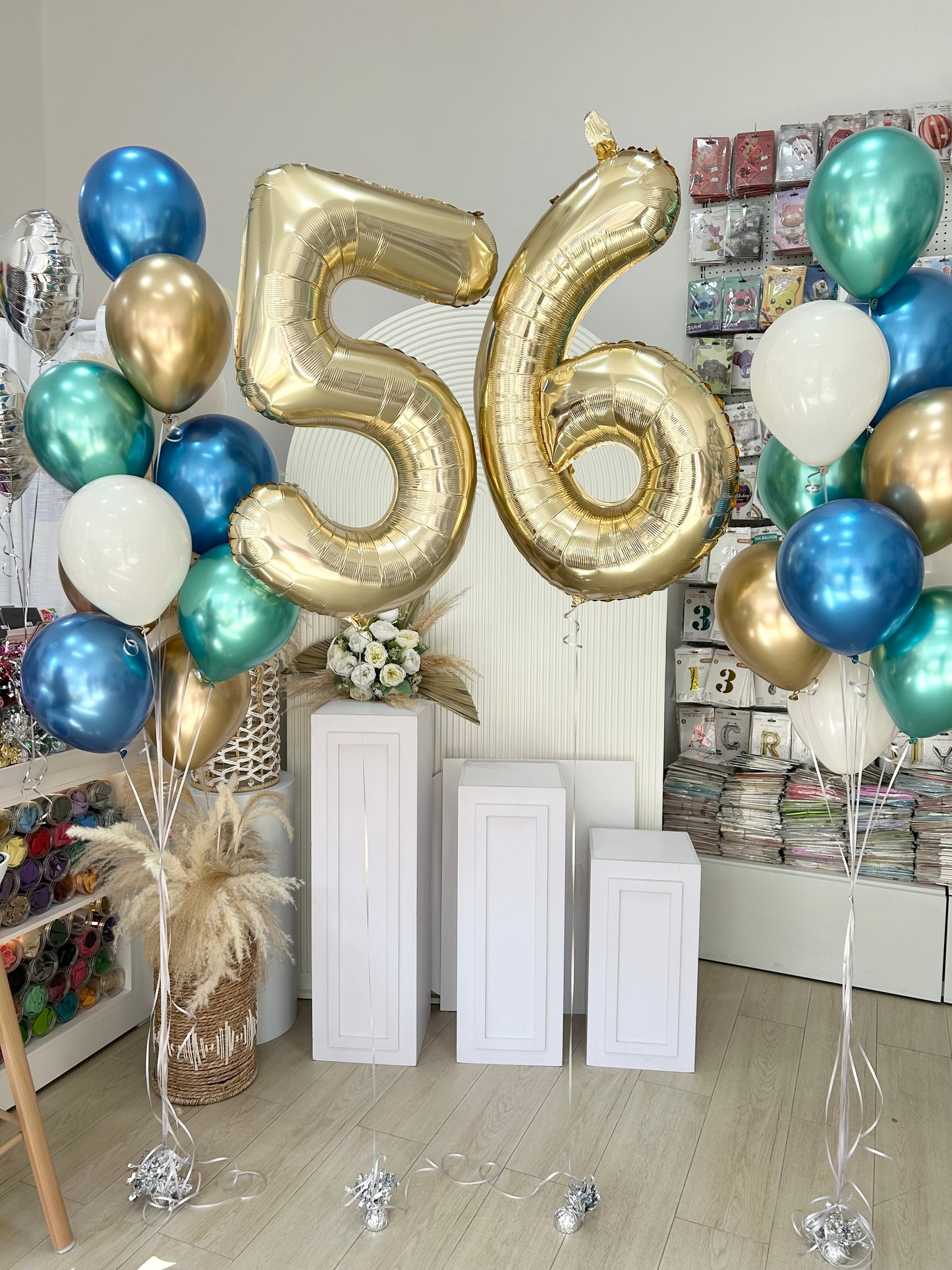 Two Number Set Helium Light Gold ‘56’ with Latex Helium Bunch Chrome Green Blue Light Gold White- Customizable Design