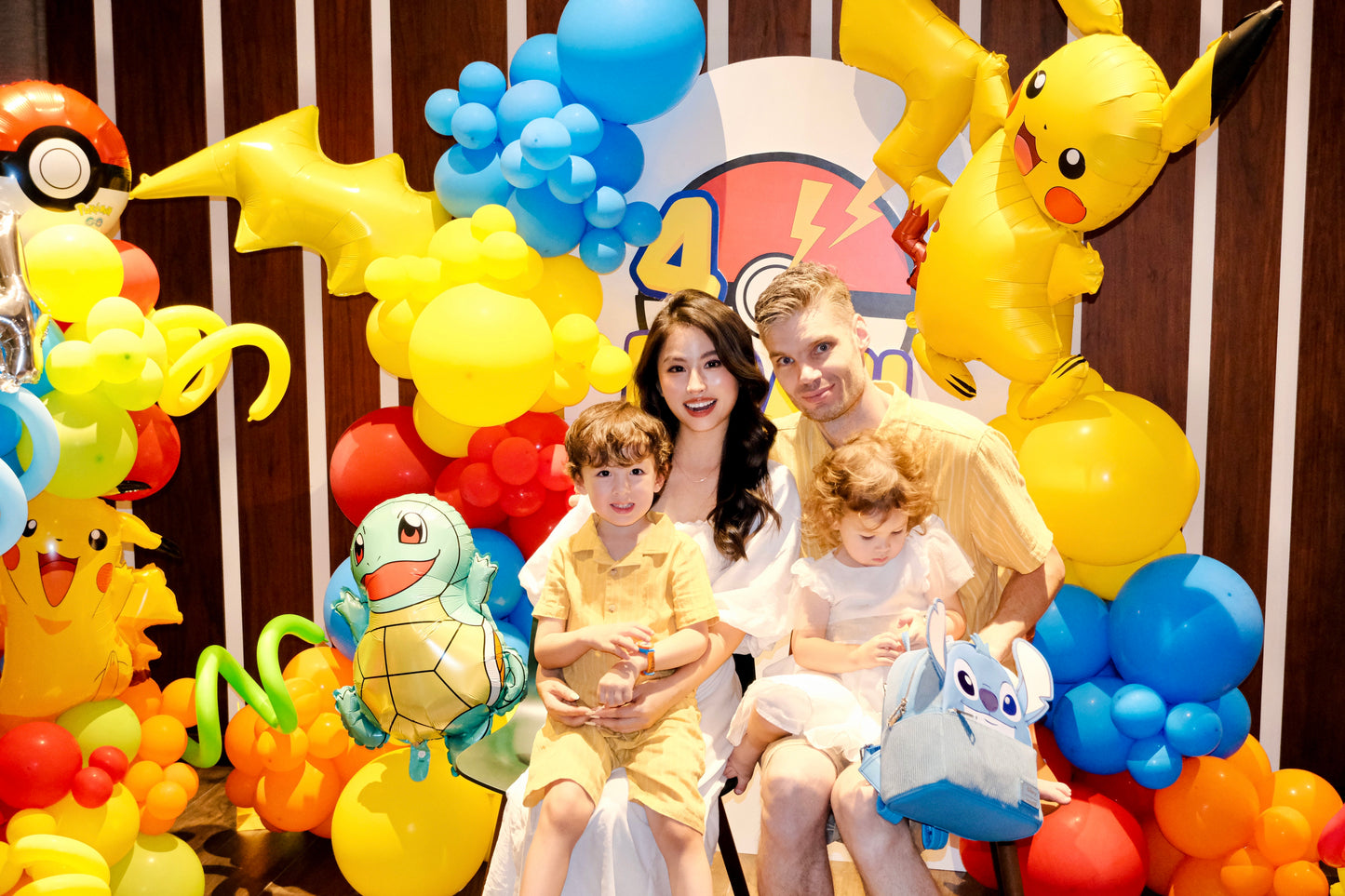 Customizable Board Backdrop with Balloon Yellow, Orange, Blue and Red with Pokemon Characters Foil accents - Pokemon-Themed Perfect for special occasion