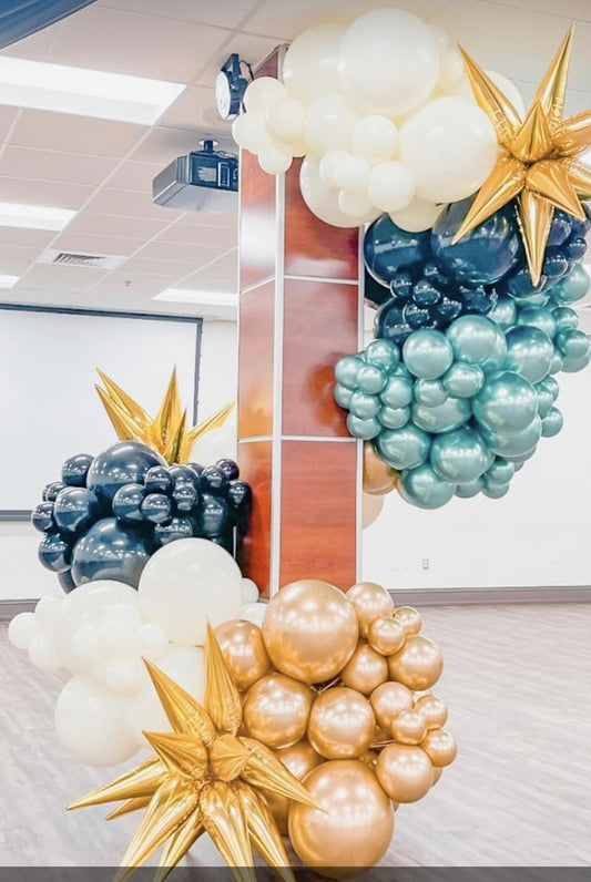Organic Arrangement Garland Balloon Chrome Green, Navy Blue, White, Gold and Starburst accents - Perfect for special occasion