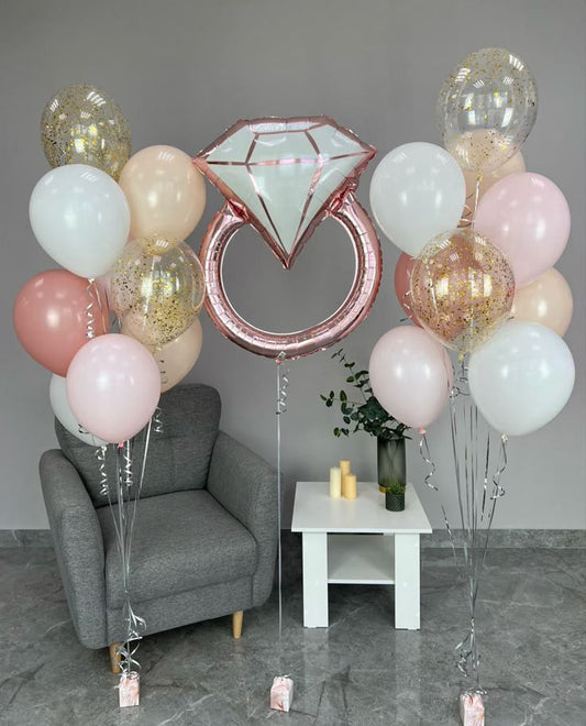 Engagement Rose Gold Diamond Ring with Helium Bunch Peach, White, Clear with Confetti and Pink - Bridal Shower Perfect for Special Occasions!