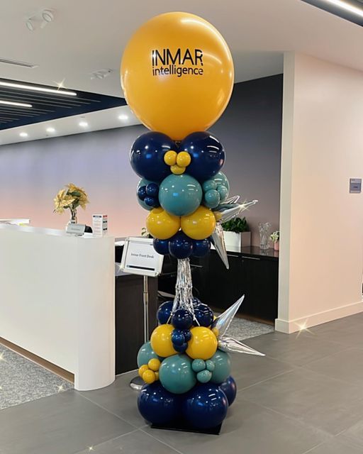 Personalised Company Logo Sticker Balloon Green, Blue, Yellow with Stars Foil and Silver Tassels accents Pillar/Column/Tower - Corporate Event, Grand Opening, Company Event Perfect for special occasion!