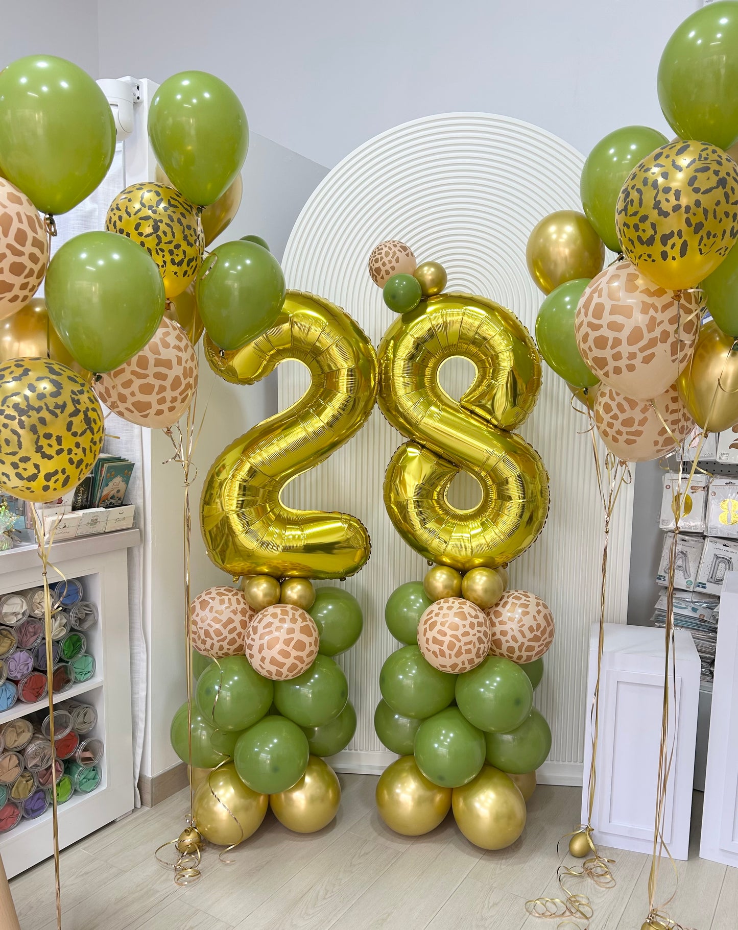 Safari Jungle Balloon Setup with Animal Print Balloons and Green Latex Bunch, Gold Number ‘28’ Balloon - Perfect for Birthday & Wild Celebrations