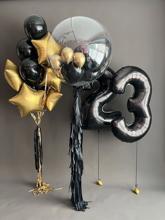 Personalised Helium Balloon Clear with Black Latex & Gold Star-Shaped Foil in Bunch, Black ‘23’ Number Balloon with Black Tassels - Perfect for any Occasions
