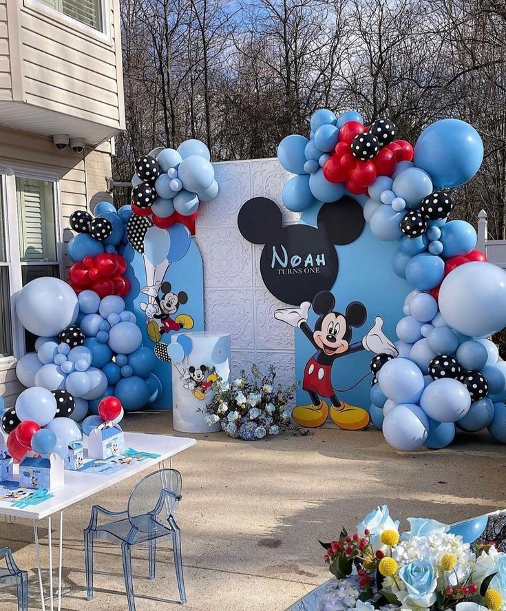 Full Set Customizable Backdrop, Cake Stand and Mickey Mouse-Themed with Balloons Black, Read and Blue Decor Setup - Perfect for special occasions
