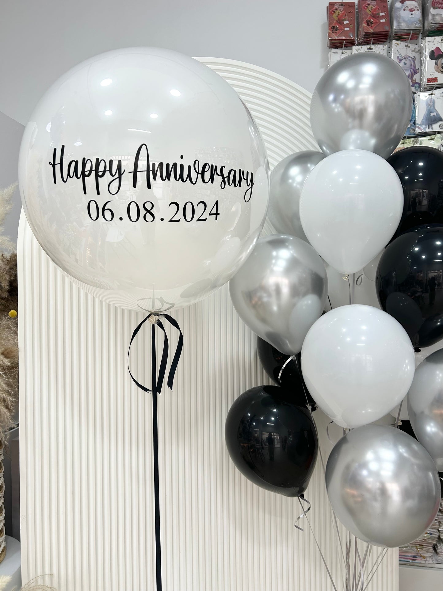 Pesonalised Clear with White Latex, Customize Sticker, Tassels, Ribbons and Latex Helium Bunch Black, Silver and White - Perfect for any Occasions!