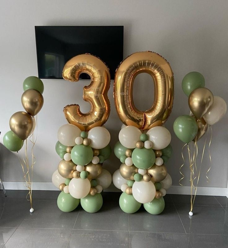 Gold ‘30’ Number Balloon on Stand Green, Gold and Sand White Setup with Latex Bunch - Perfect for any celebrations!